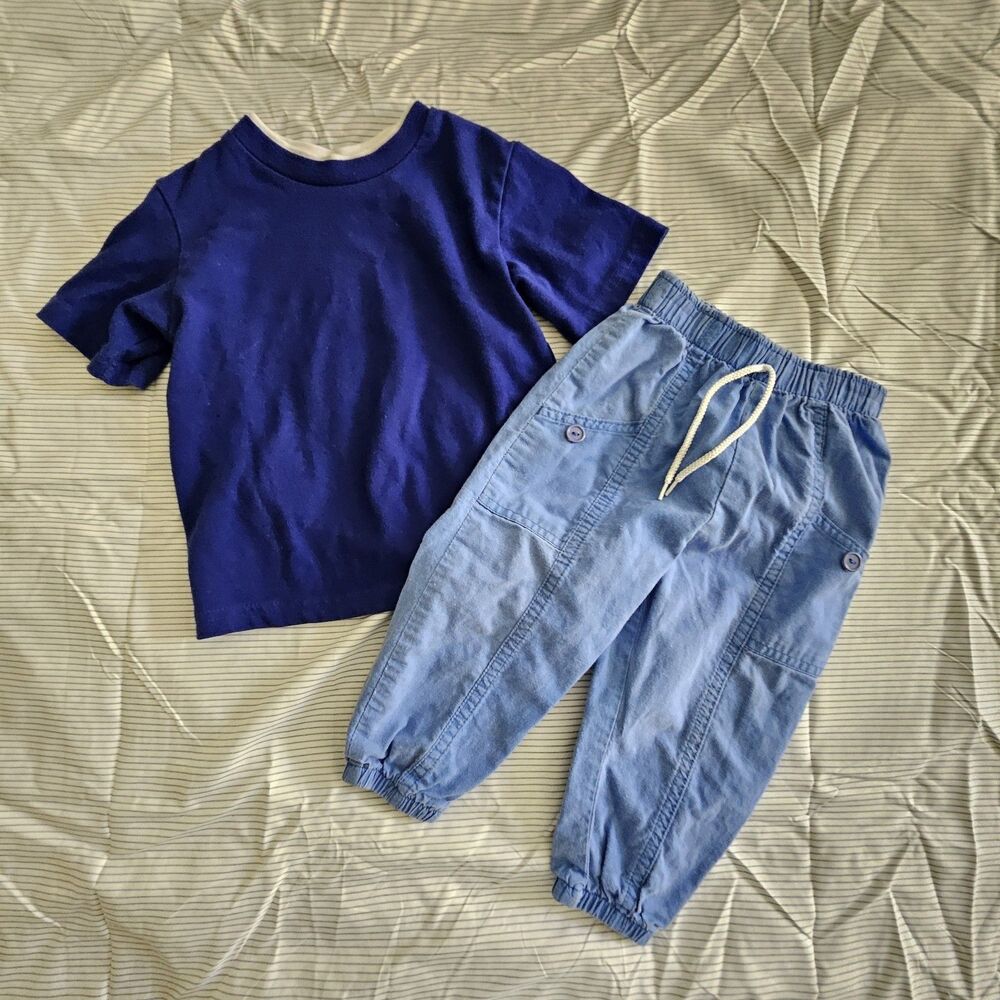 Vintage Baby Set 24M Blue Cotton Blend T-Shirt Hong Kong Made USA Pants EUC